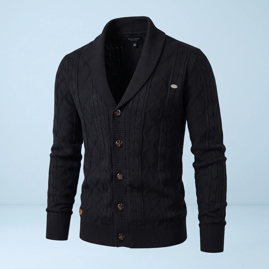 Brian Shawl Collar Diamond Knit Cotton Cardigan - Black