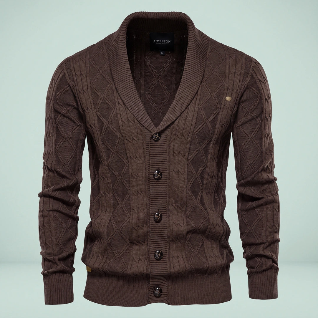 Brian Shawl Collar Diamond Knit Cotton Cardigan - Brown