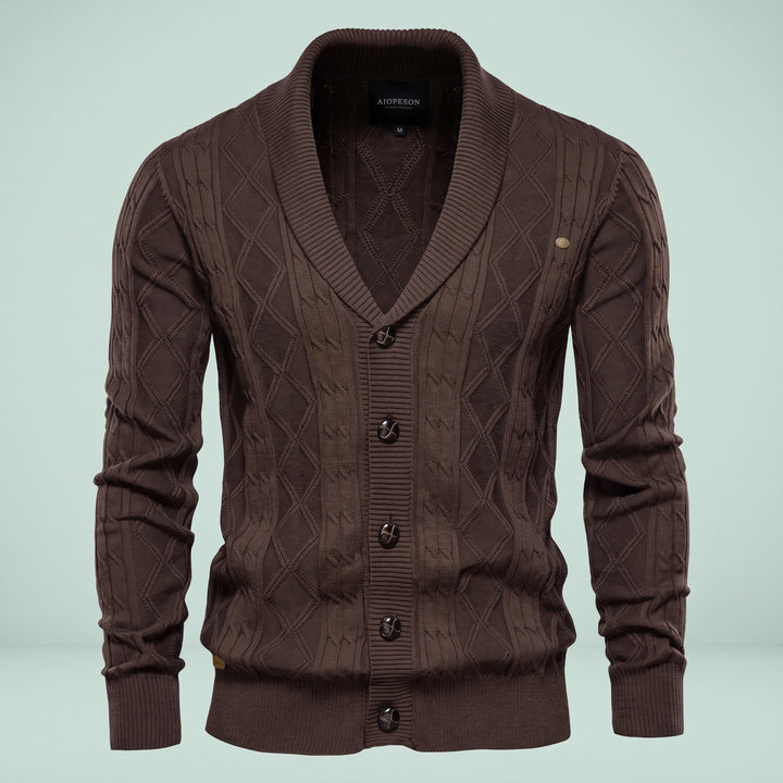 Brian Shawl Collar Diamond Knit Cotton Cardigan - Brown