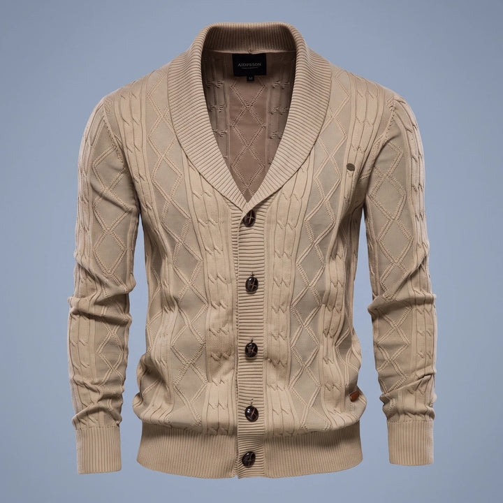 Brian Shawl Collar Diamond Knit Cotton Cardigan - Khaki