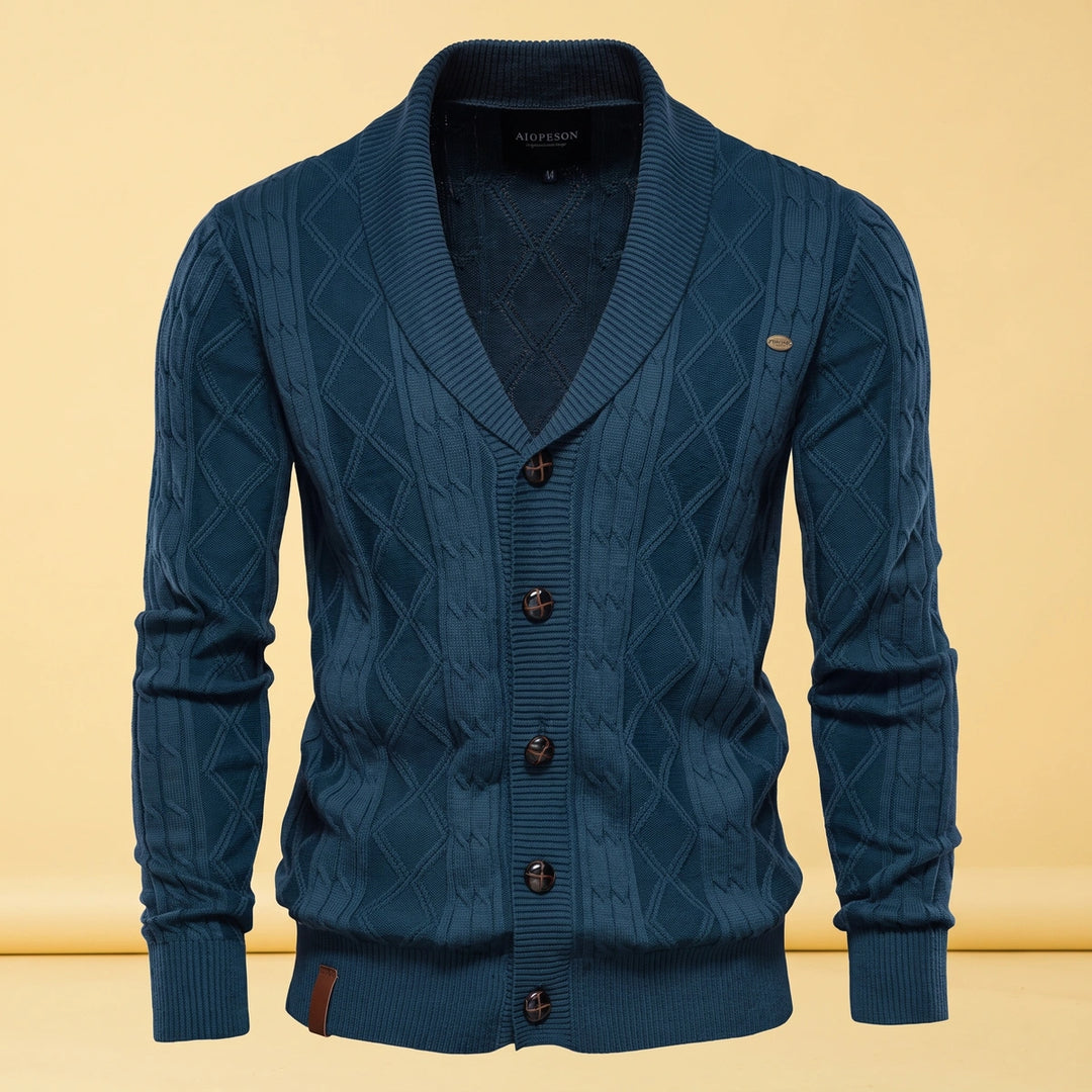 Brian Shawl Collar Diamond Knit Cotton Cardigan - Navy Blue