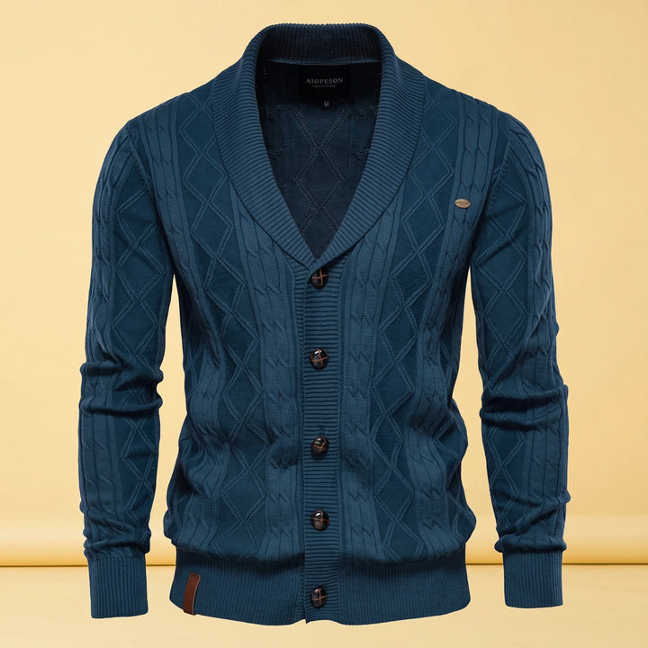 Brian Shawl Collar Diamond Knit Cotton Cardigan - Navy Blue