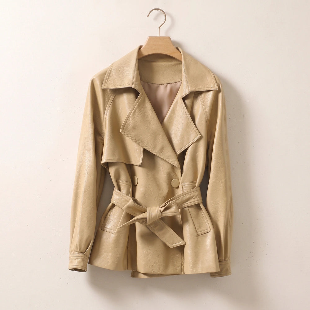 Bronwen Belted Vegan Leather Jacket - Beige