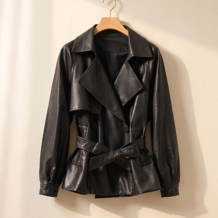 Bronwen Belted Vegan Leather Jacket - Black