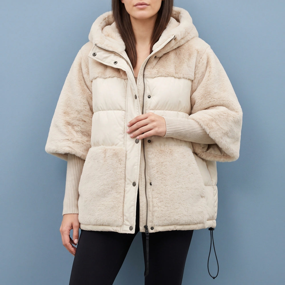 Caitlin Faux Fur Panel Hooded Puffer Poncho Coat - Beige