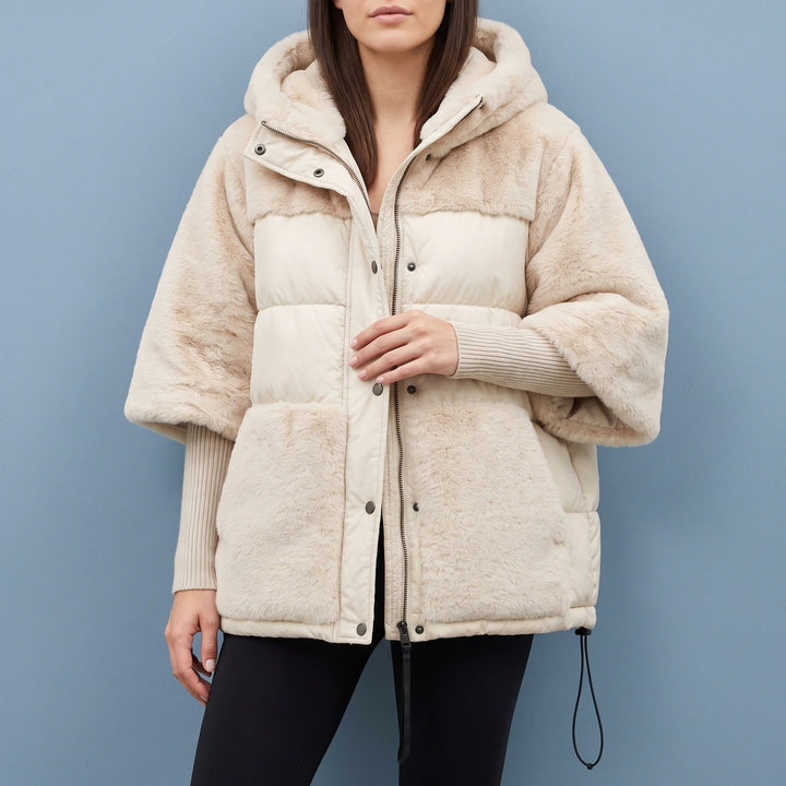 Caitlin Faux Fur Panel Hooded Puffer Poncho Coat - Beige