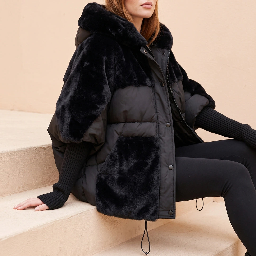 Caitlin Faux Fur Panel Hooded Puffer Poncho Coat - Black