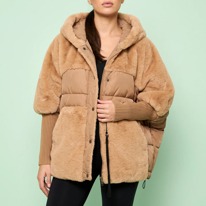 Caitlin Faux Fur Panel Hooded Puffer Poncho Coat - Brown