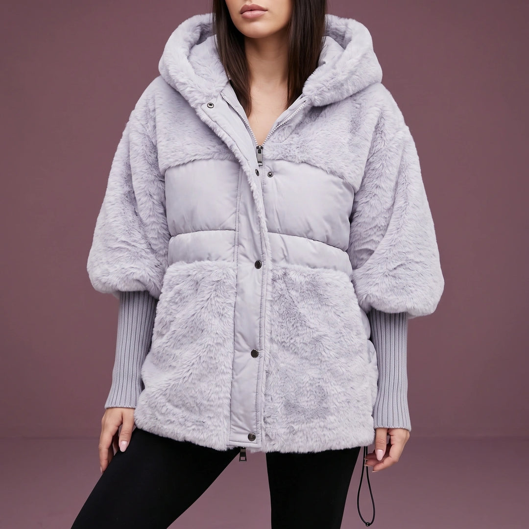 Caitlin Faux Fur Panel Hooded Puffer Poncho Coat - Gray