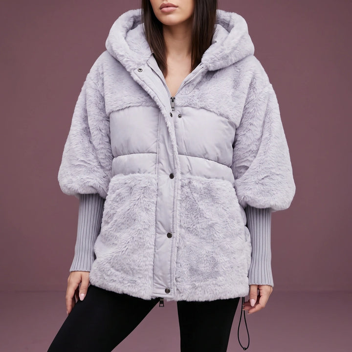 Caitlin Faux Fur Panel Hooded Puffer Poncho Coat - Gray