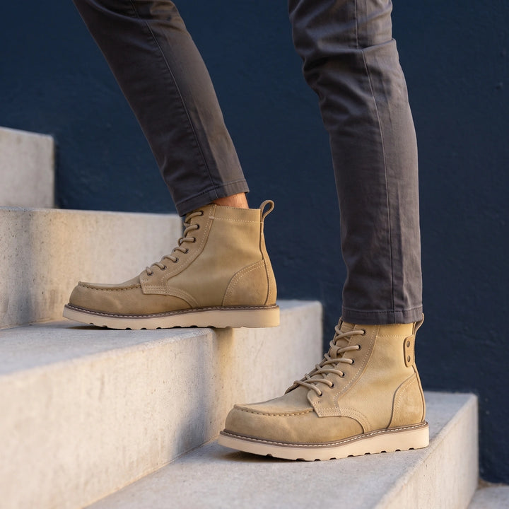Caius Suede Stitched Moc Toe Lace Up Boots - Khaki