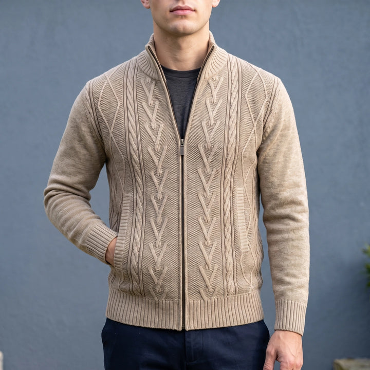 Calixte Cable Knit Full Zip Stand Collar Cardigan - Beige