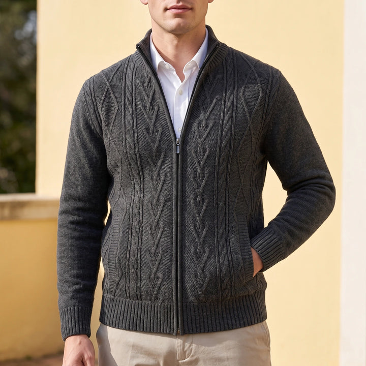 Calixte Cable Knit Full Zip Stand Collar Cardigan - Dark Gray