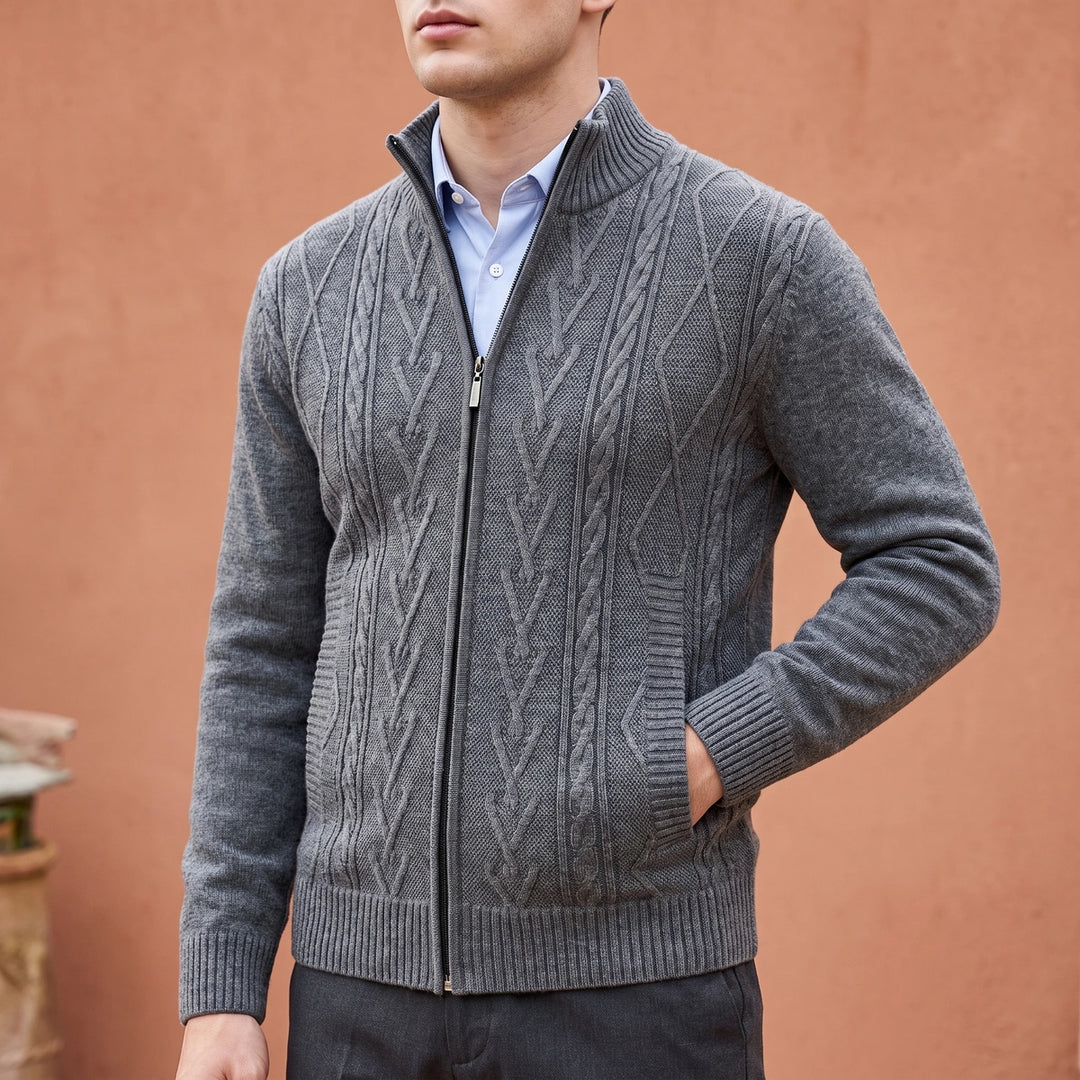 Calixte Cable Knit Full Zip Stand Collar Cardigan - Gray