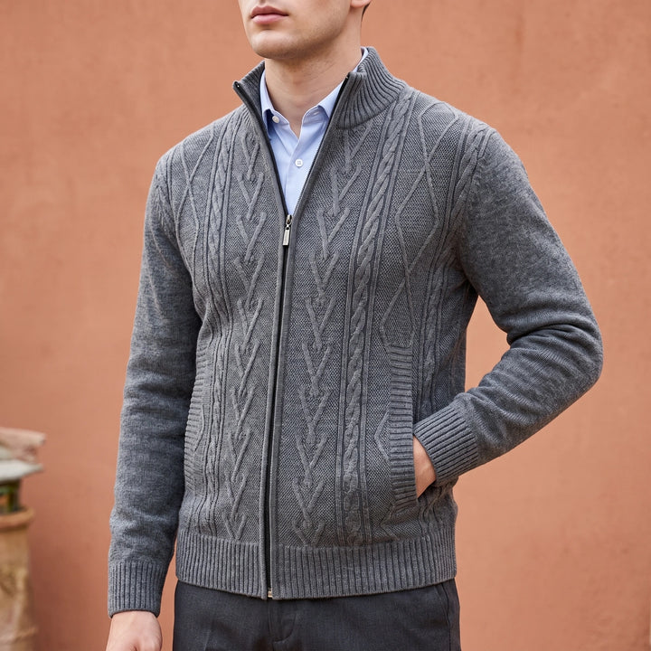 Calixte Cable Knit Full Zip Stand Collar Cardigan - Gray