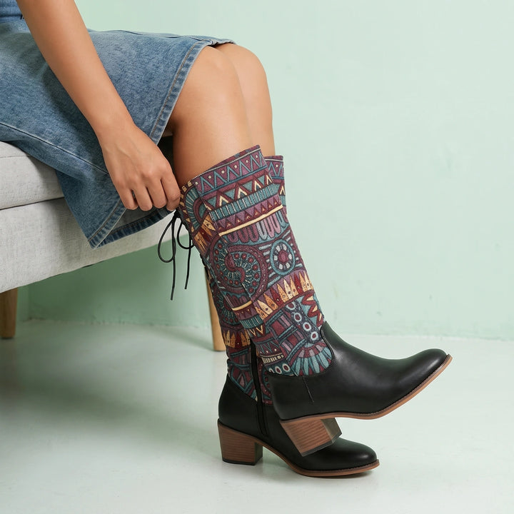 Calliope Woven Tapestry Mid Calf Western Boots - Black