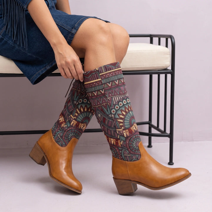Calliope Woven Tapestry Mid Calf Western Boots - Brown