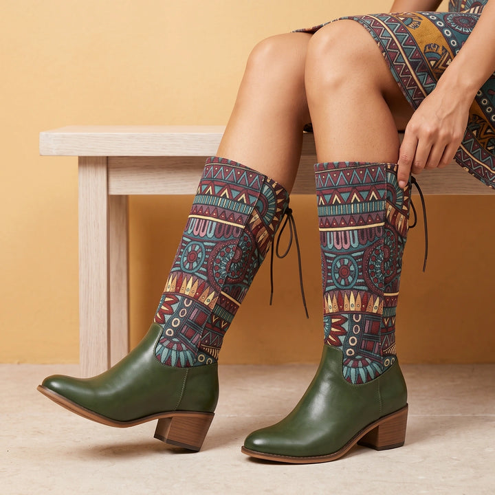 Calliope Woven Tapestry Mid Calf Western Boots - Green