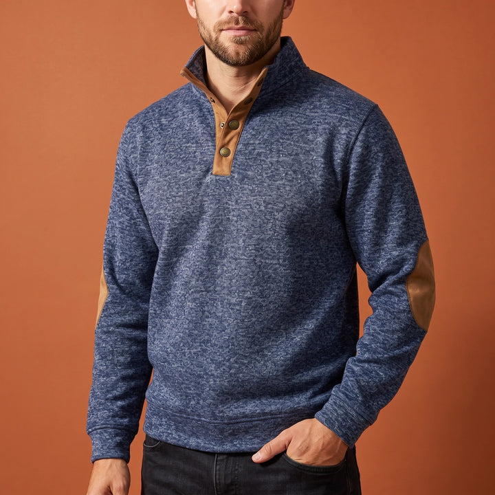 Caspar Snap Collar Elbow Patch Sweater - Blue