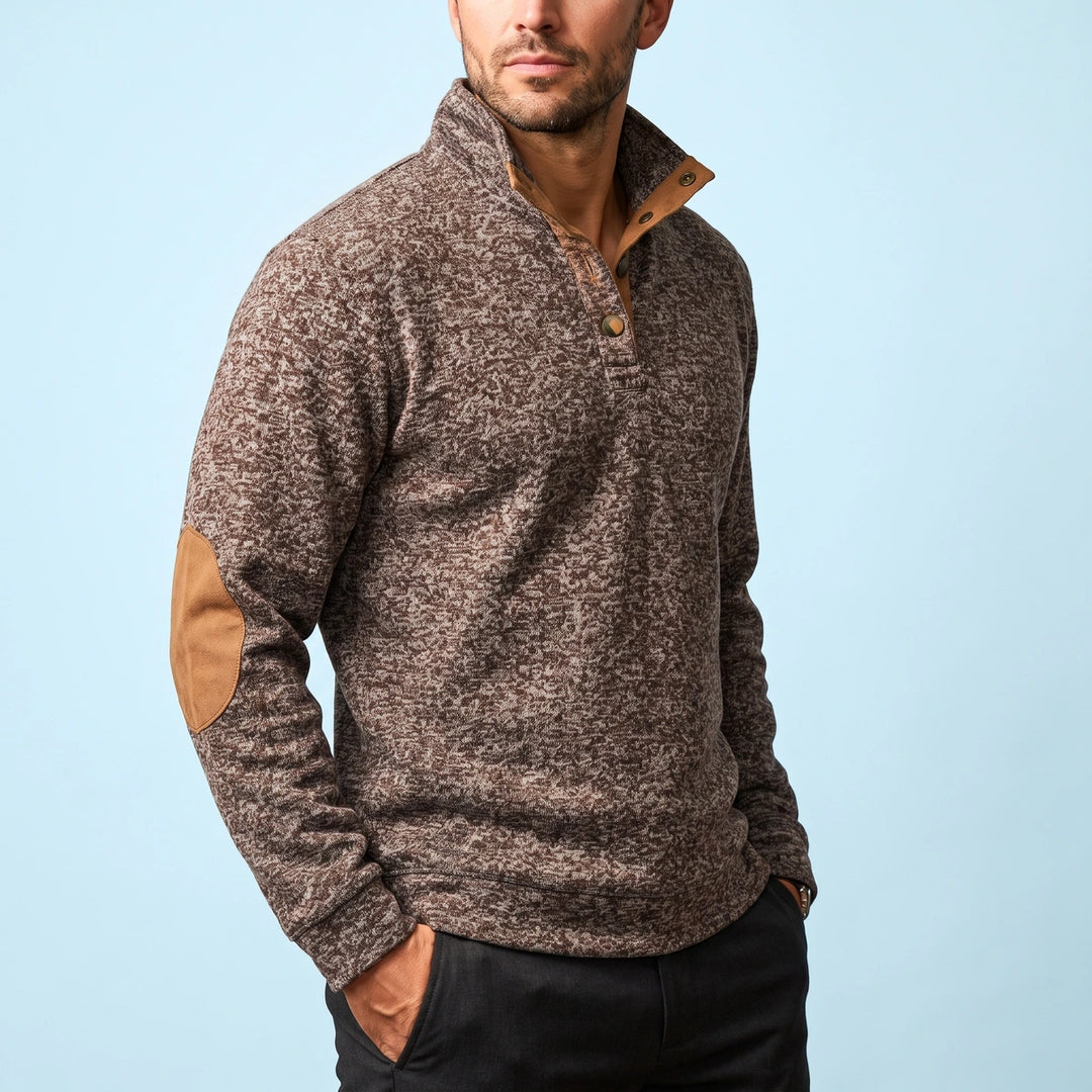 Caspar Snap Collar Elbow Patch Sweater - Brown