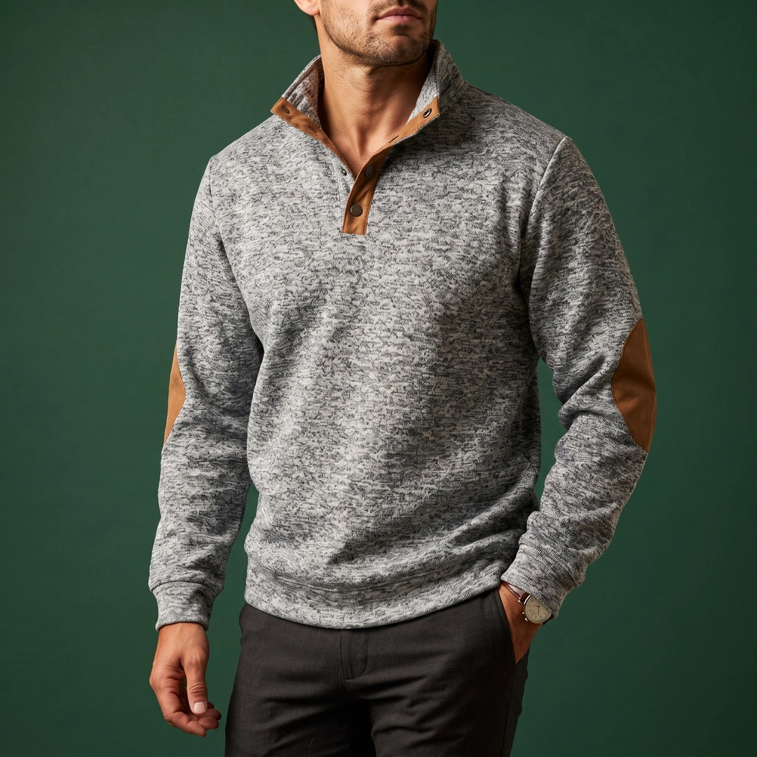 Caspar Snap Collar Elbow Patch Sweater - Gray