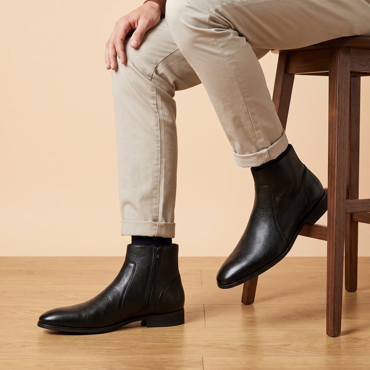 Cecil Pebbled Cowhide Almond Toe Zip Boots - Black