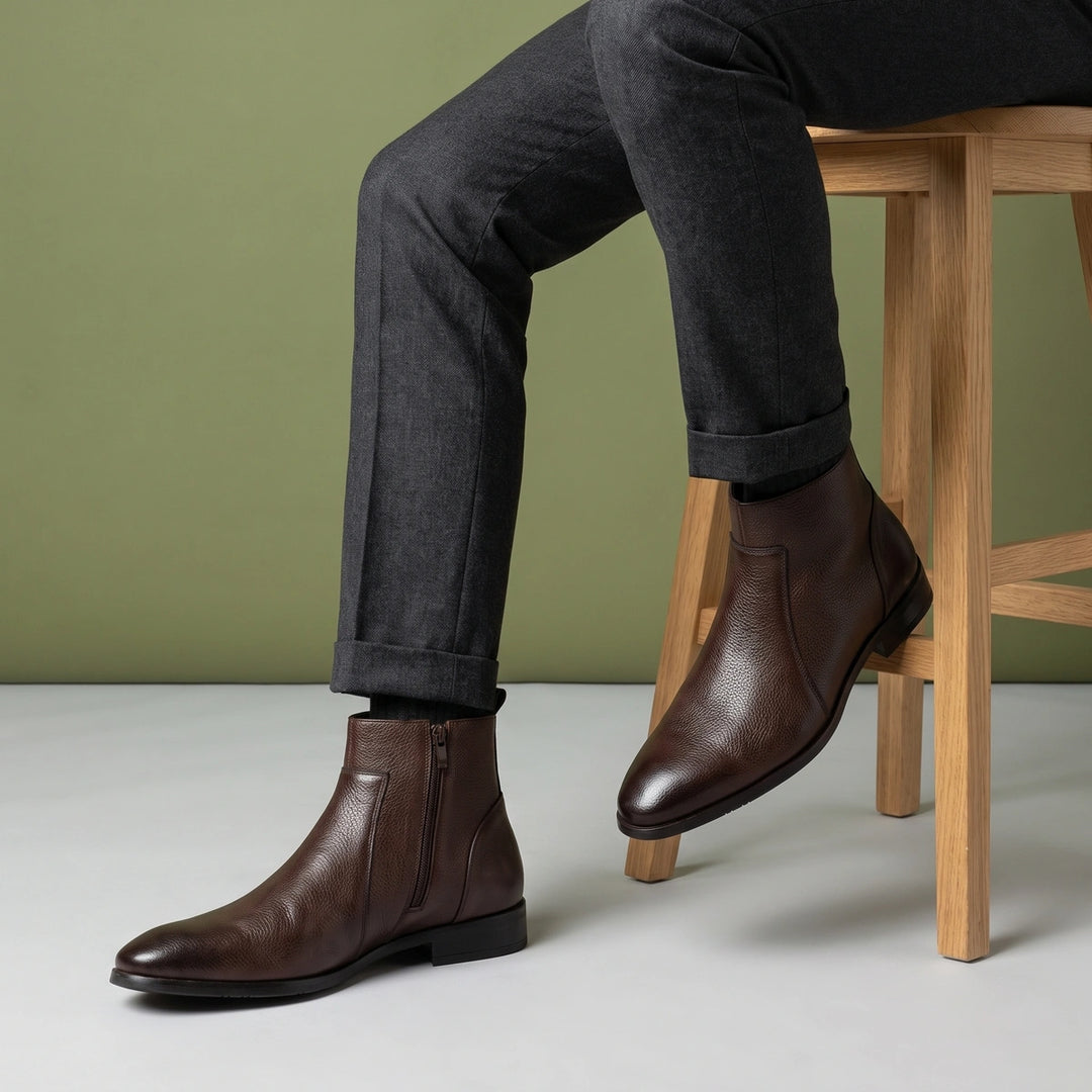 Cecil Pebbled Cowhide Almond Toe Zip Boots - Brown