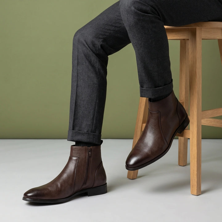 Cecil Pebbled Cowhide Almond Toe Zip Boots - Brown