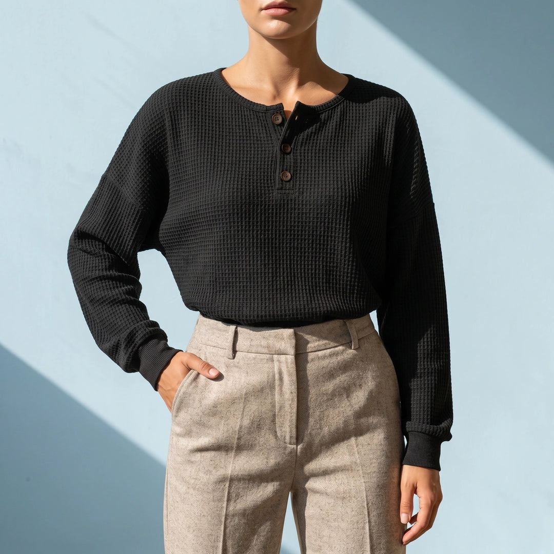 Cecily Oversized Waffle Knit Henley Top - Black