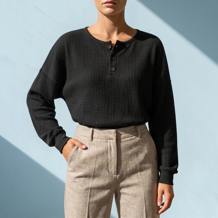 Cecily Oversized Waffle Knit Henley Top - Black