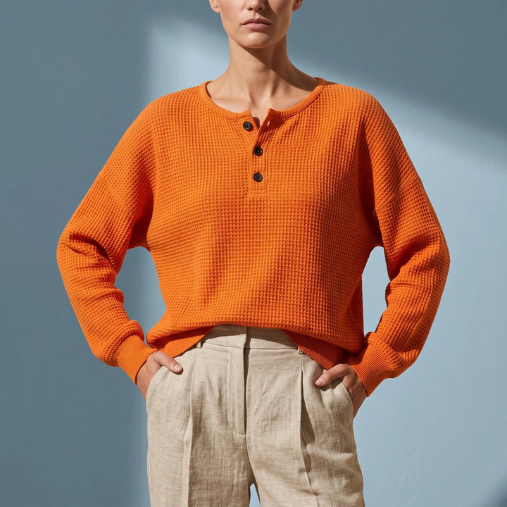 Cecily Oversized Waffle Knit Henley Top - Orange