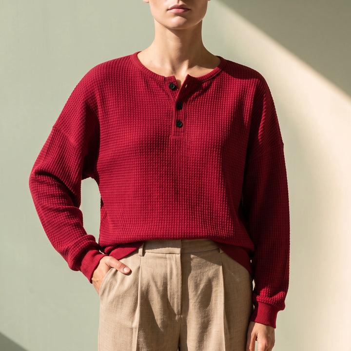 Cecily Oversized Waffle Knit Henley Top - Red