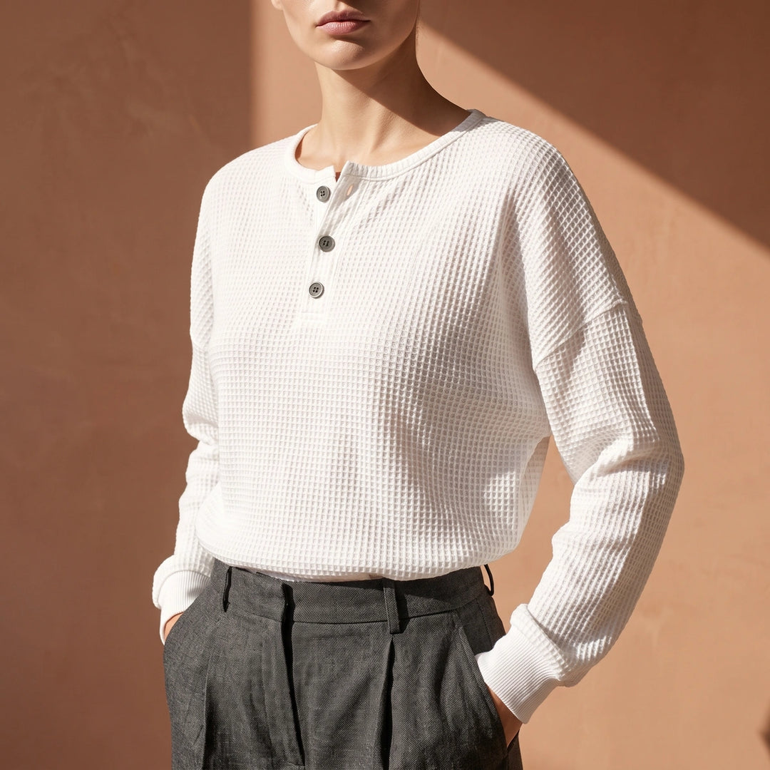 Cecily Oversized Waffle Knit Henley Top - White