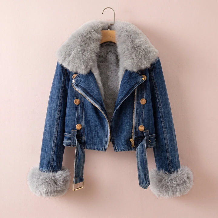 Celeste Faux Fur Collar Denim Moto Jacket - Blue
