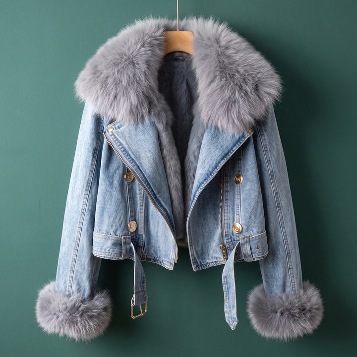 Celeste Faux Fur Collar Denim Moto Jacket - Sky