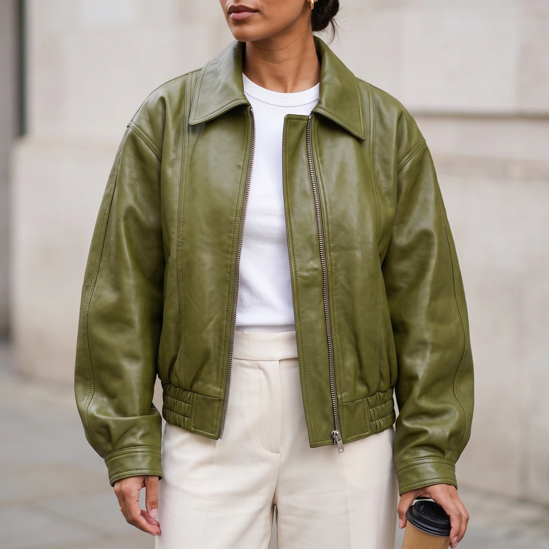 Cerys Cropped Leather Bomber Jacket - Green