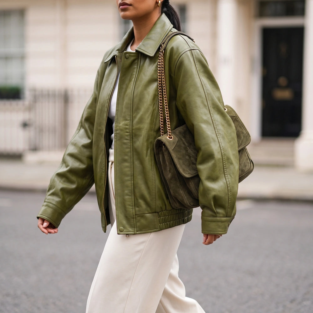 Cerys Cropped Leather Bomber Jacket - Green