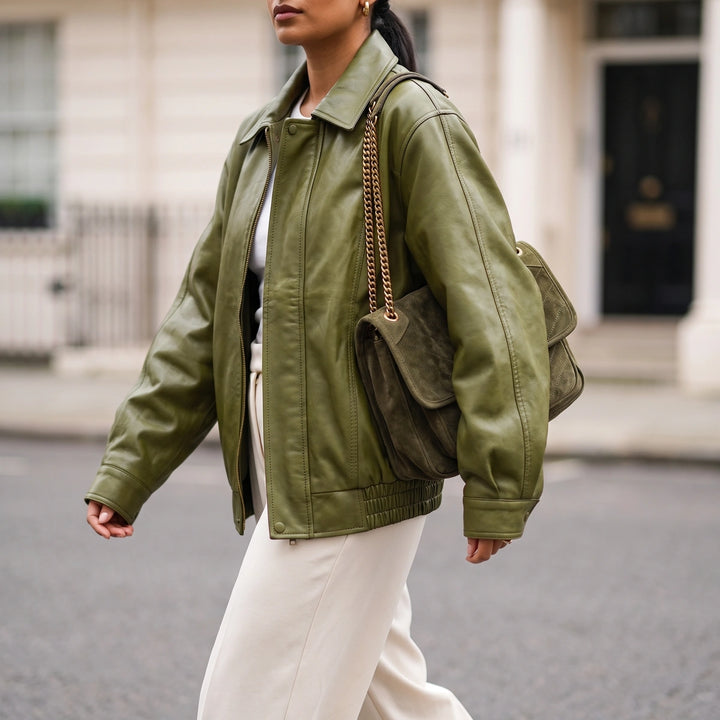 Cerys Cropped Leather Bomber Jacket - Green