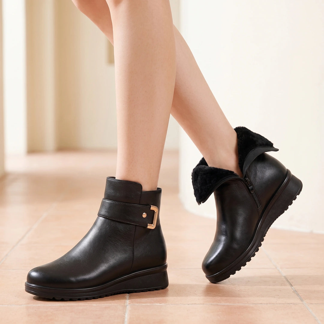 Christabel Plush Lined Buckle Wedge Ankle Boots - Black