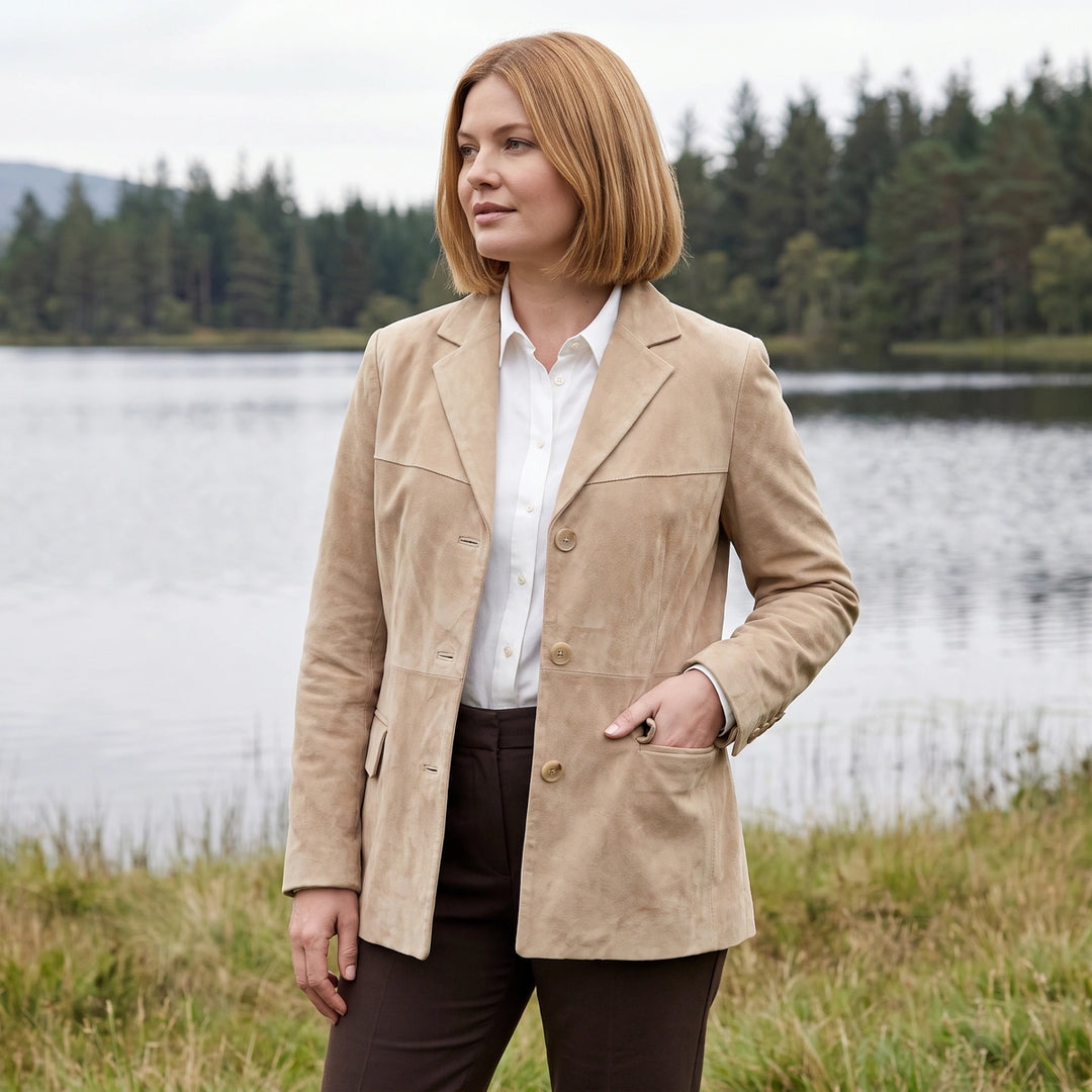 Clarimond Suede Notch Lapel Blazer Jacket - Beige