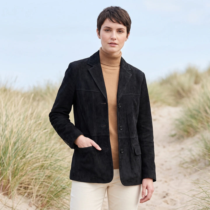 Clarimond Suede Notch Lapel Blazer Jacket - Black
