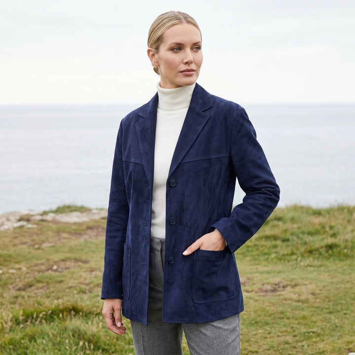 Clarimond Suede Notch Lapel Blazer Jacket - Blue