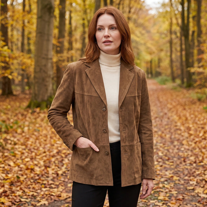 Clarimond Suede Notch Lapel Blazer Jacket - Brown