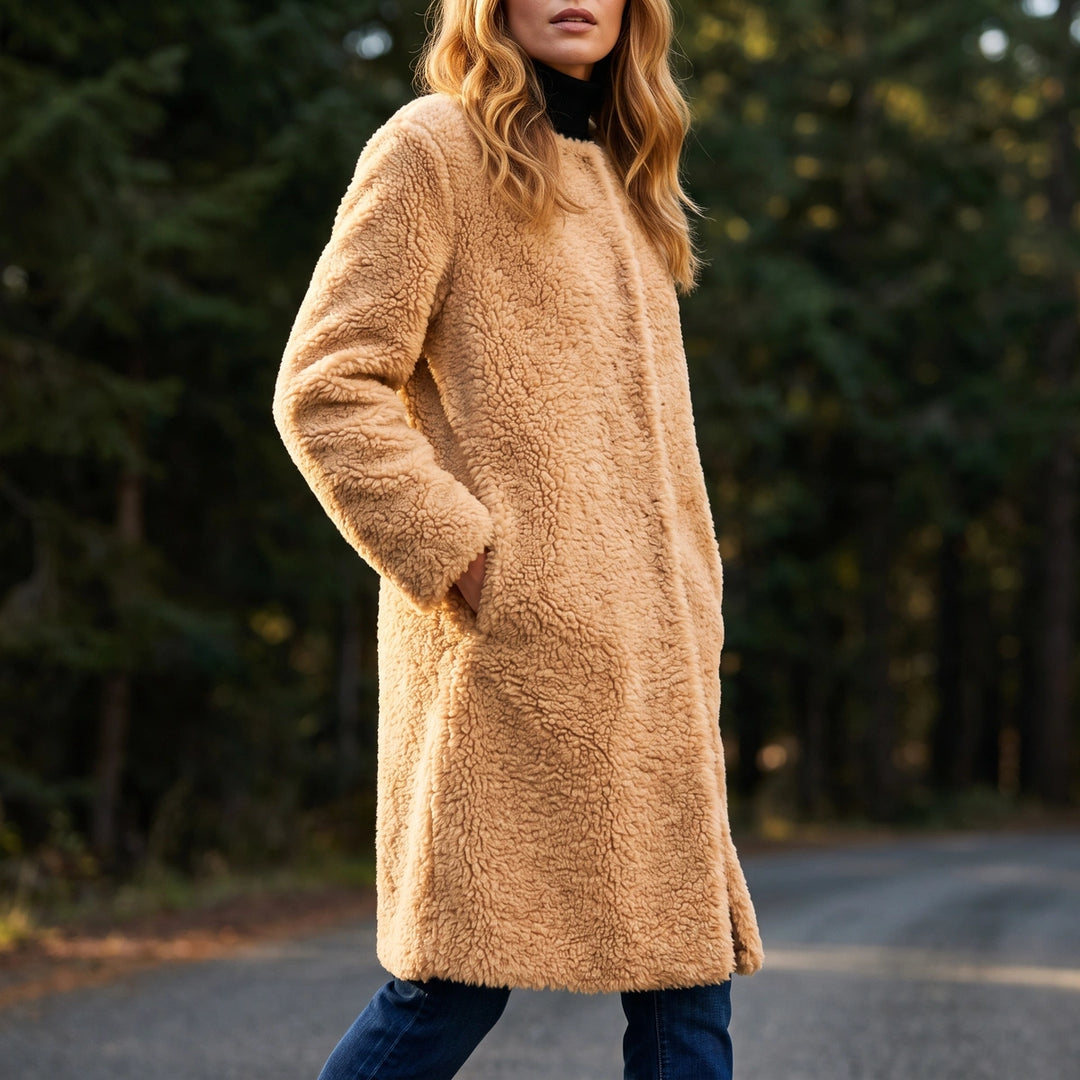 Clarissa Collarless Teddy Coat - Beige
