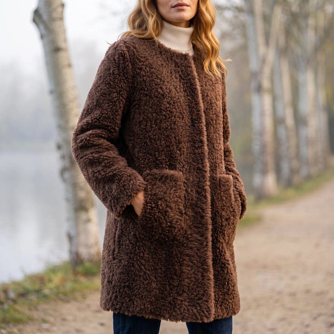 Clarissa Collarless Teddy Coat - Brown