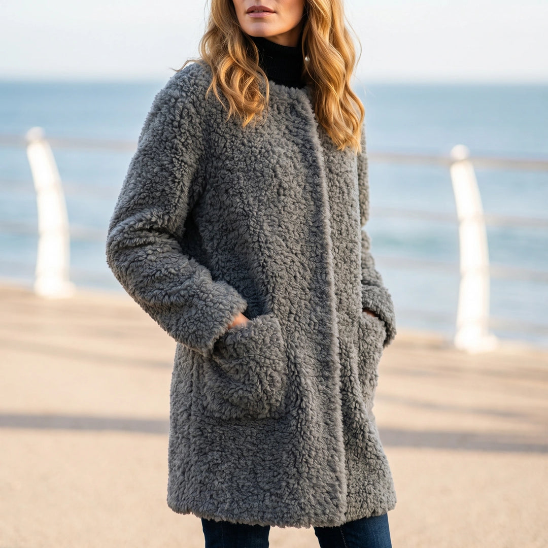 Clarissa Collarless Teddy Coat - Gray