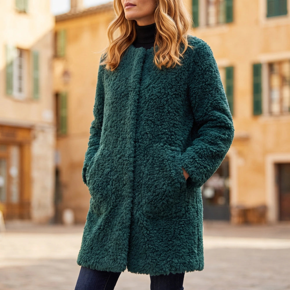 Clarissa Collarless Teddy Coat - Teal