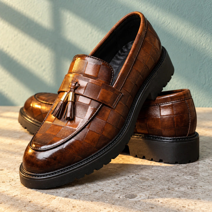 Clay Checkered Leather Tassel Loafers - Brown