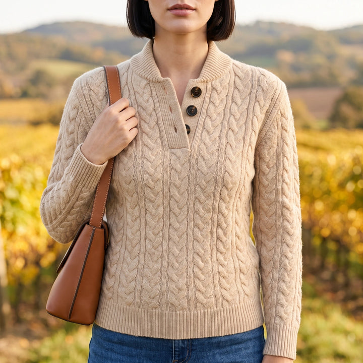 Clementine Cable Knit Henley Sweater - Beige