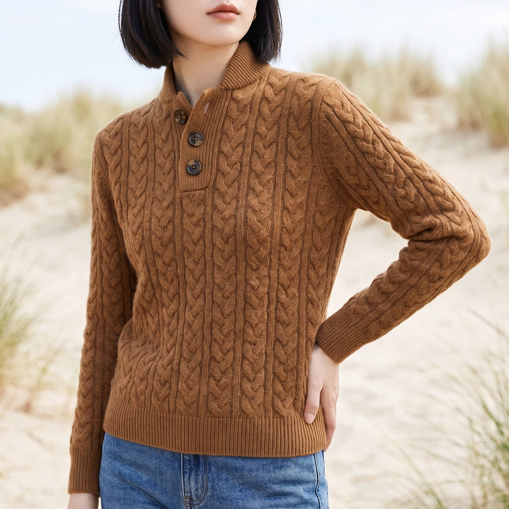 Clementine Cable Knit Henley Sweater - Dark Camel